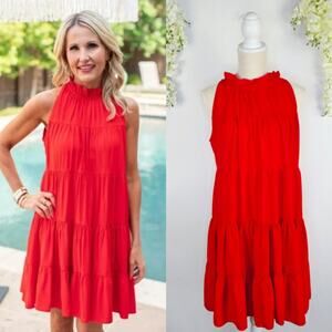 Pinch Tiered Halter Neck Dress Large Red Sleeveless Cottagecore Spring Summer